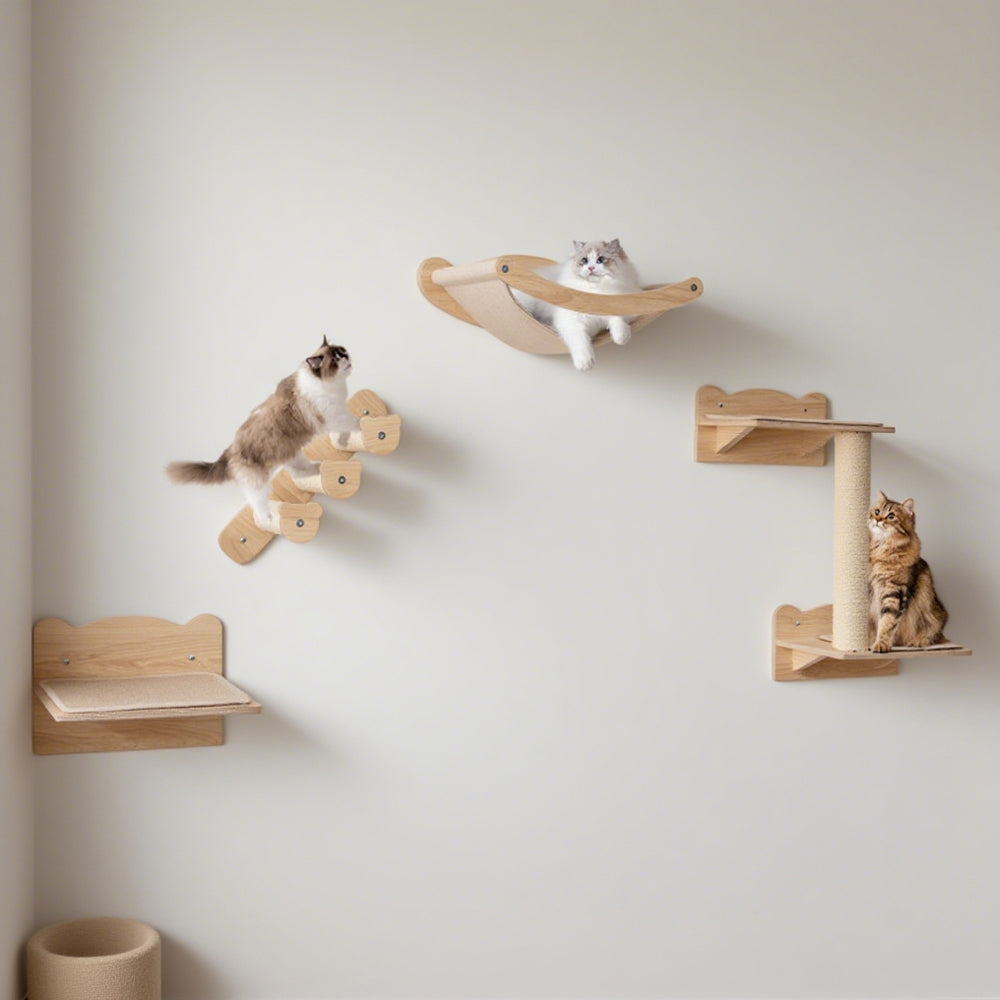 4-Piece Wall-Mounted Cat Tree with Hammock - Space-Saving Climbing Furniture for Indoor Cats
