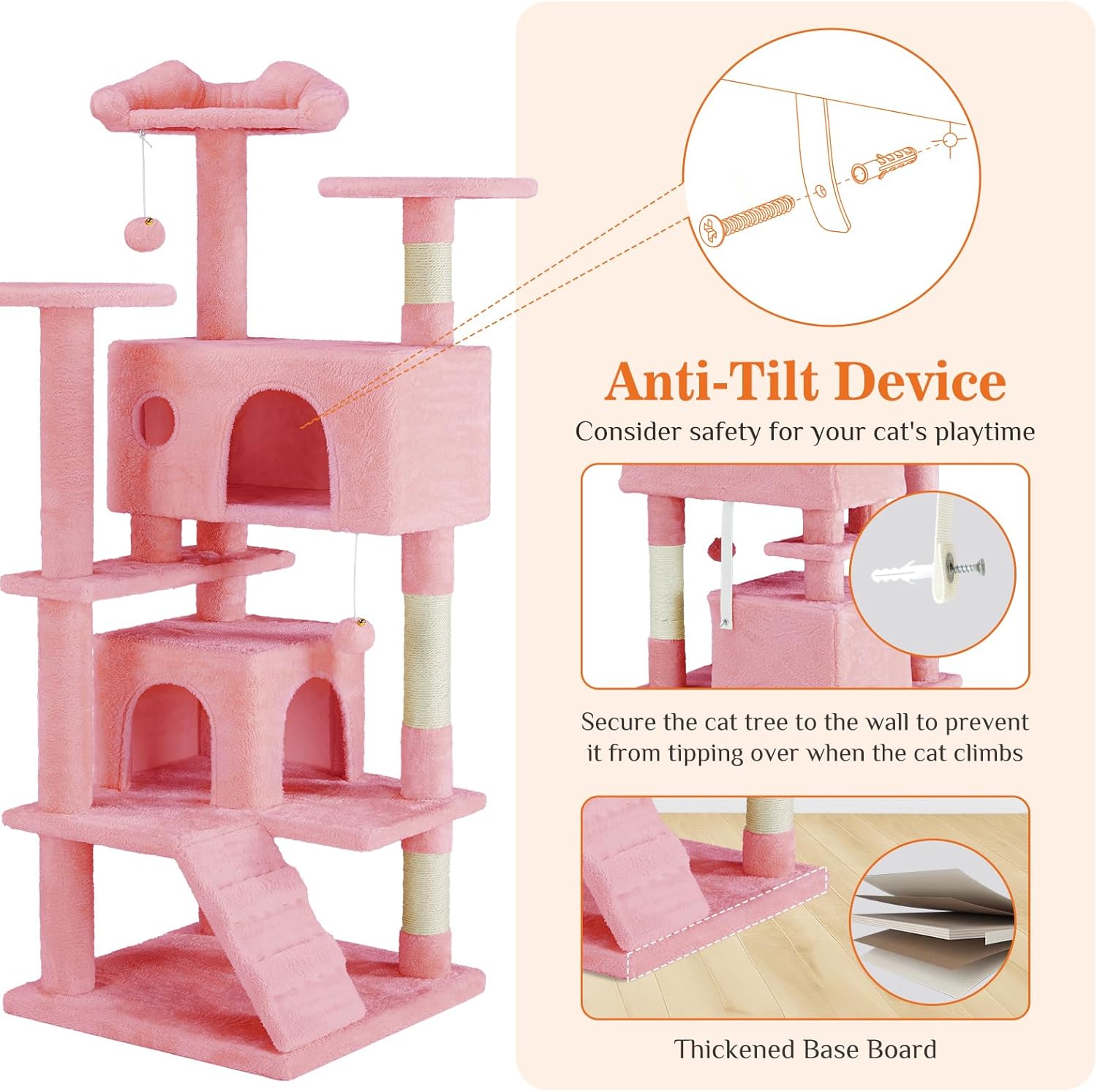 54" Multi-Level Cat Tree Tower | Sisal Scratching Posts, 2 Condos, Hanging Toy – Light Grey & Pink