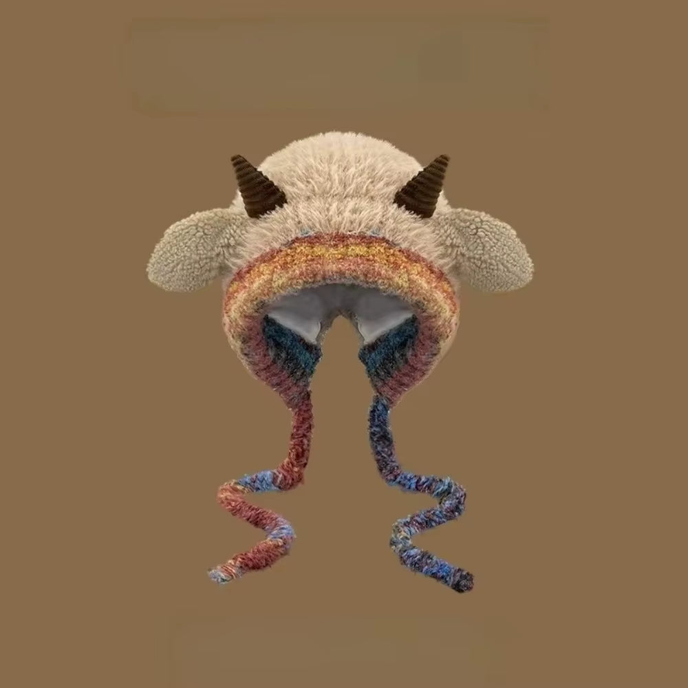 Cute Thick Plush Knitted Hat Girls Winter Warm Ear Protection Beanies Hat Women Comfortable Horn Pullover Hats