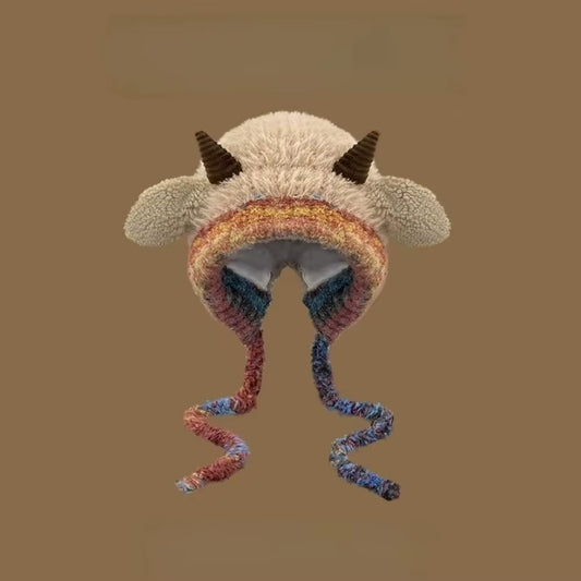 Cute Thick Plush Knitted Hat Girls Winter Warm Ear Protection Beanies Hat Women Comfortable Horn Pullover Hats