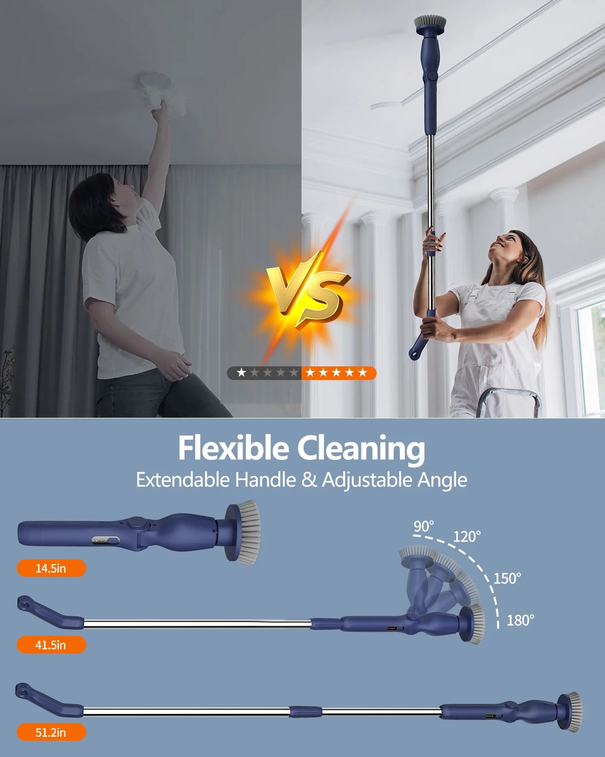 Leebein Electric Spin Scrubber, Cordless Bath Tub Power Scrubber with Long Handle and 8 Replaceable Brush Heads, Shower Cleaning Brush Household Tools for Bathroom, Floor Tile ,Car