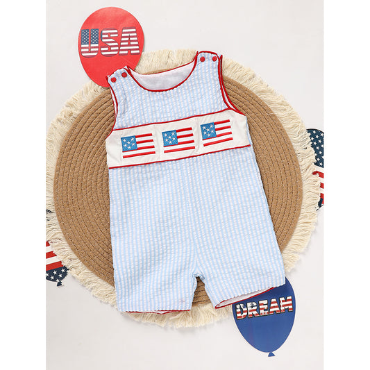 Baby Boy 4th of July Romper - American Flag Smocked Sleeveless Jumpsuit