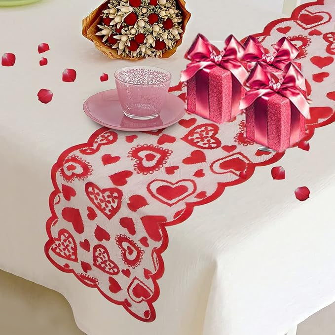 Valentine's Day Lace Heart Table Runner - 13x72 Inch