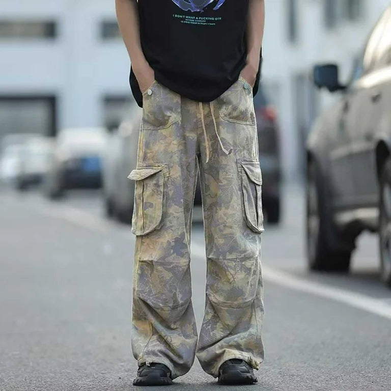 Men's Camouflage Wide Leg Pants – 100% Cotton, Drawstring & Pocketed