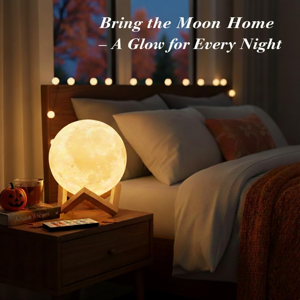 LED Moon Lamp Night Light with Remote - 16 Color Changing Ambient Lighting with Wood Stand