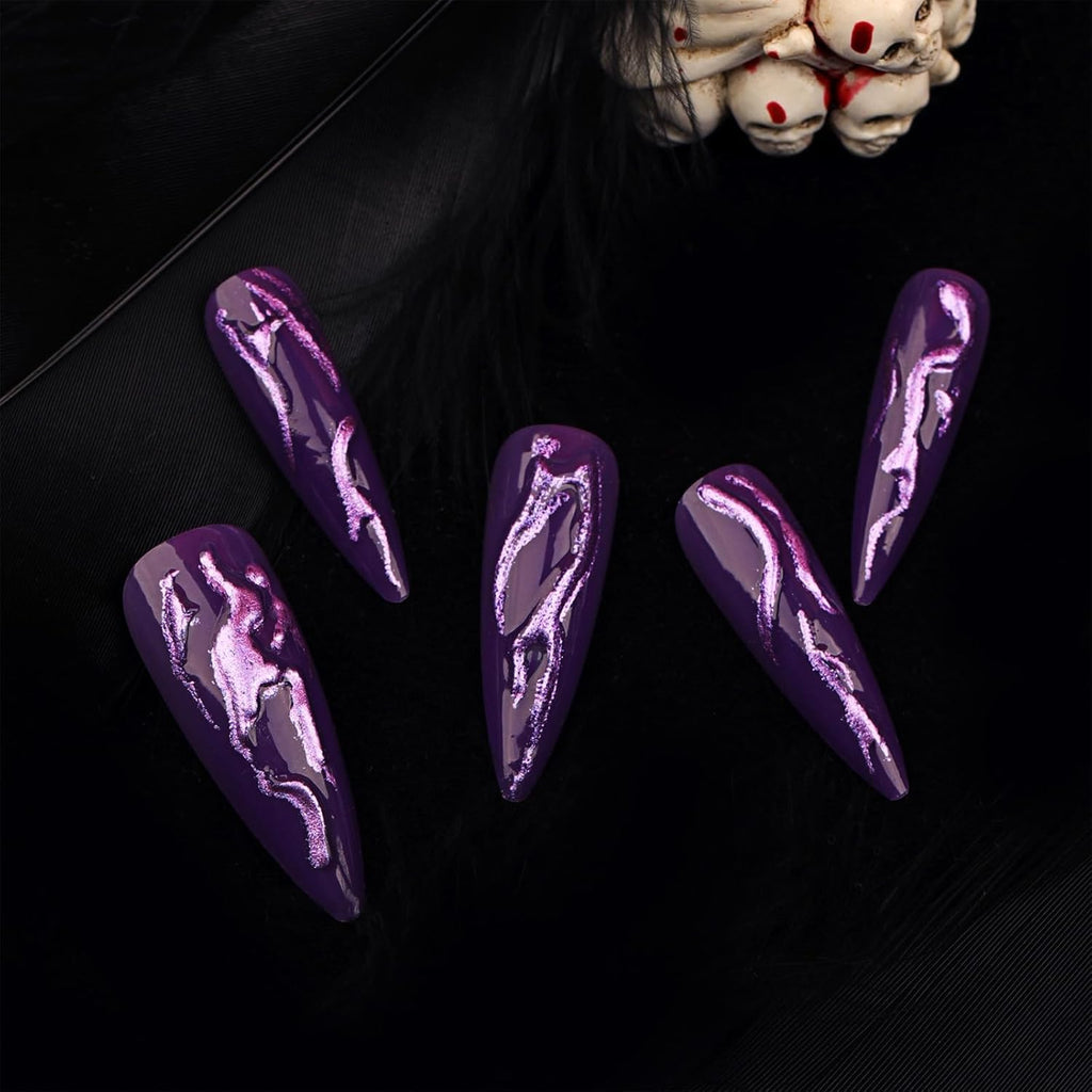 Press On Nails - Purple Glitter Long Stiletto False Nails 24pc with Adhesive