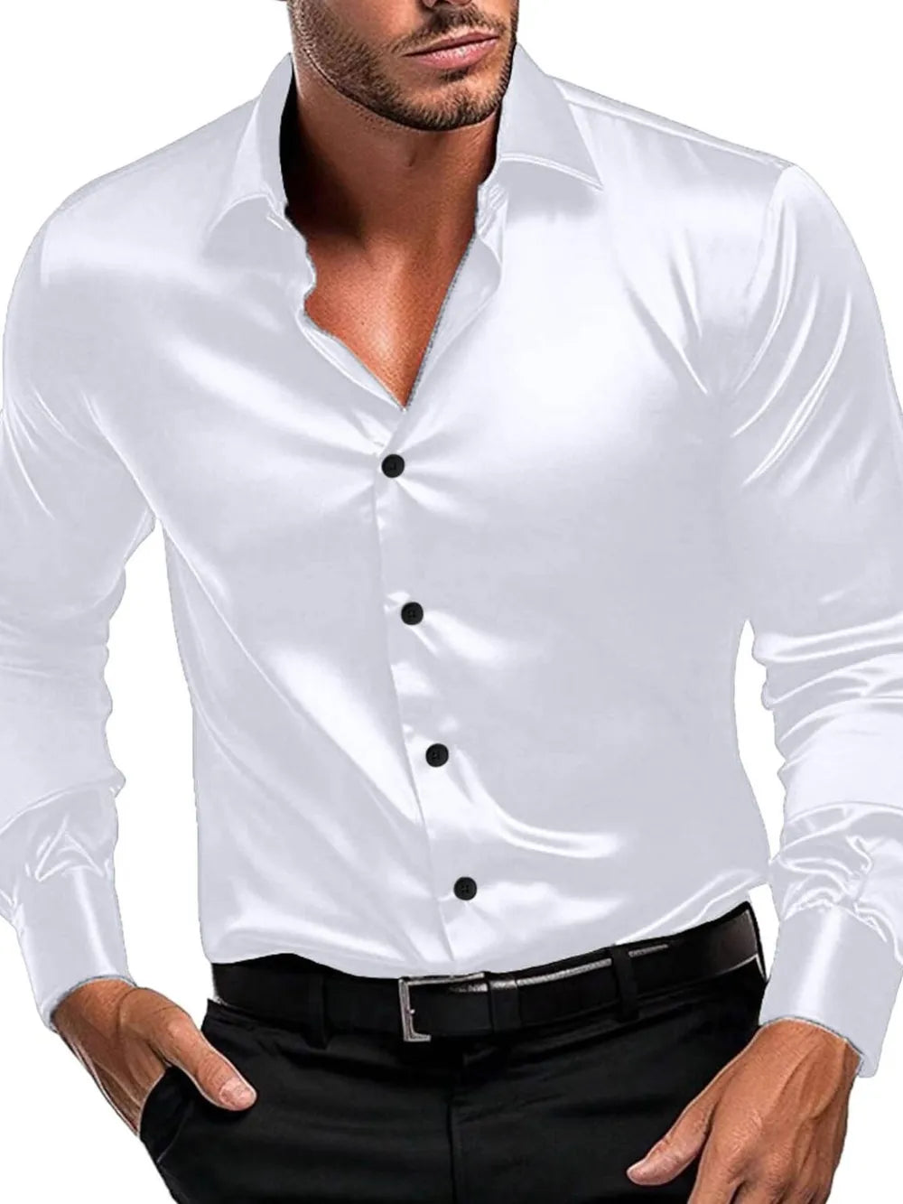Men's Button-Down Long Sleeve Shirt – Lightweight Stretch Polyester