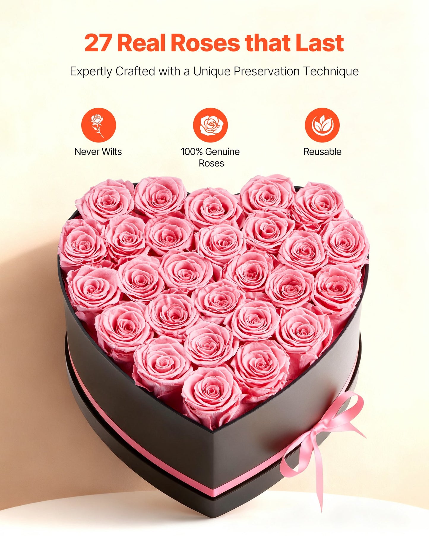 Preserved Roses Heart Box - 27 Real Forever Roses Gift for Women, Anniversary, Birthday & Valentine's Day