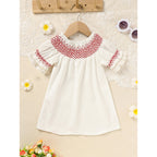 Baby Girl Valentine's Day Dress | White Lace & Red Heart Embroidery