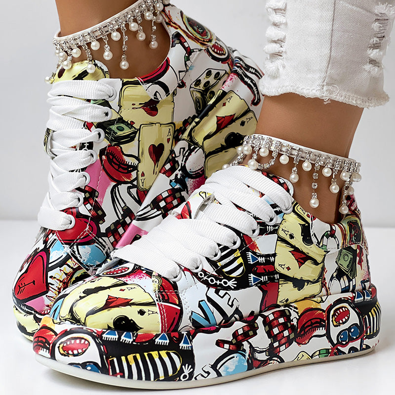 Women's Geometric Print Low-Top Sneakers | Lace-Up Casual Shoes with Thick Rubber Sole