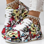 Women's Geometric Print Low-Top Sneakers | Lace-Up Casual Shoes with Thick Rubber Sole