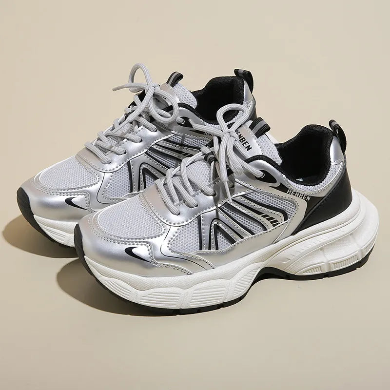 Women's Lace-Up Platform Athletic Shoes | Breathable Mesh & PU Leather Sneakers