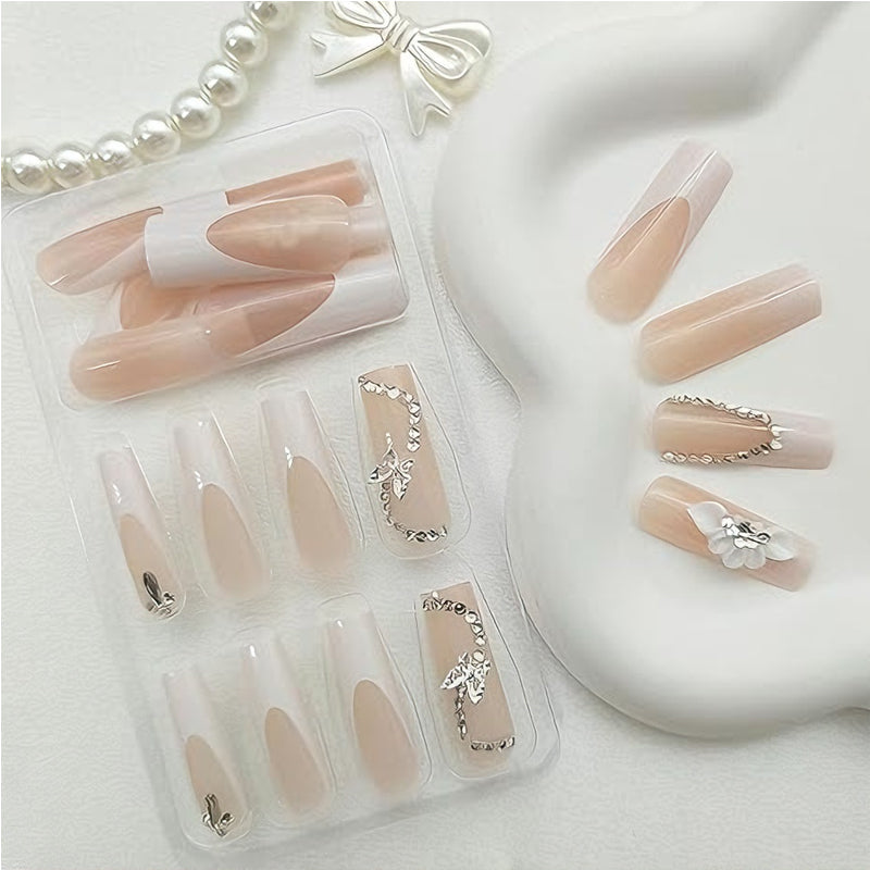White Butterfly Press On Nails with Diamonds | 24 Piece Set + Glue
