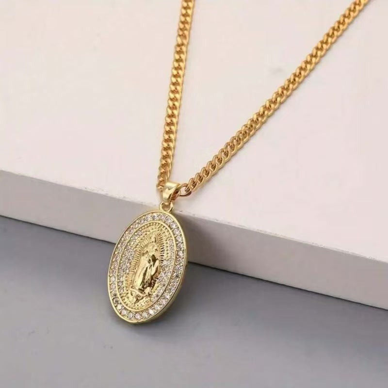 Virgin Mary Pendant Necklace for Men | Vintage Zircon Religious Jewelry
