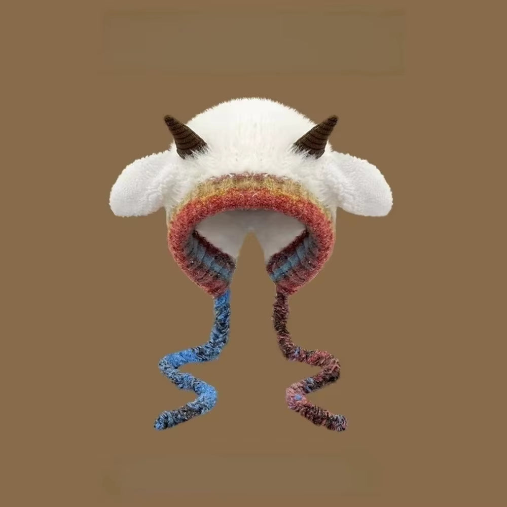 Cute Thick Plush Knitted Hat Girls Winter Warm Ear Protection Beanies Hat Women Comfortable Horn Pullover Hats