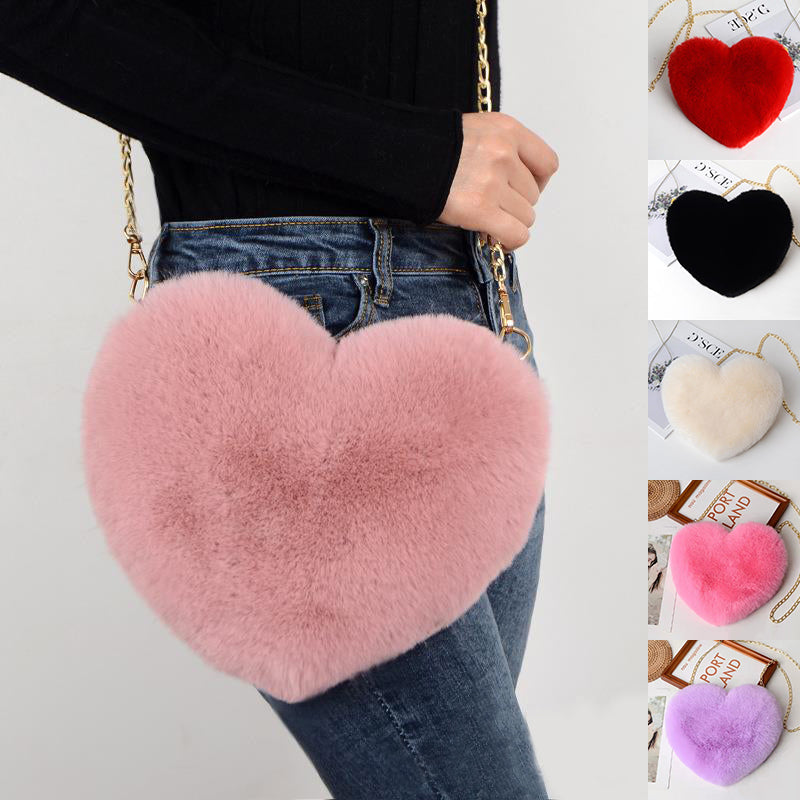 Heart-Shaped Plush Crossbody Bag – Valentine's Day Chain Shoulder Purse for Women