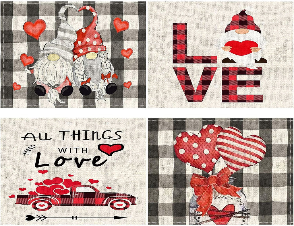 Valentine's Day Placemats Set of 4 - Gnome Heart Design Table Mats 17x12.5 Inch