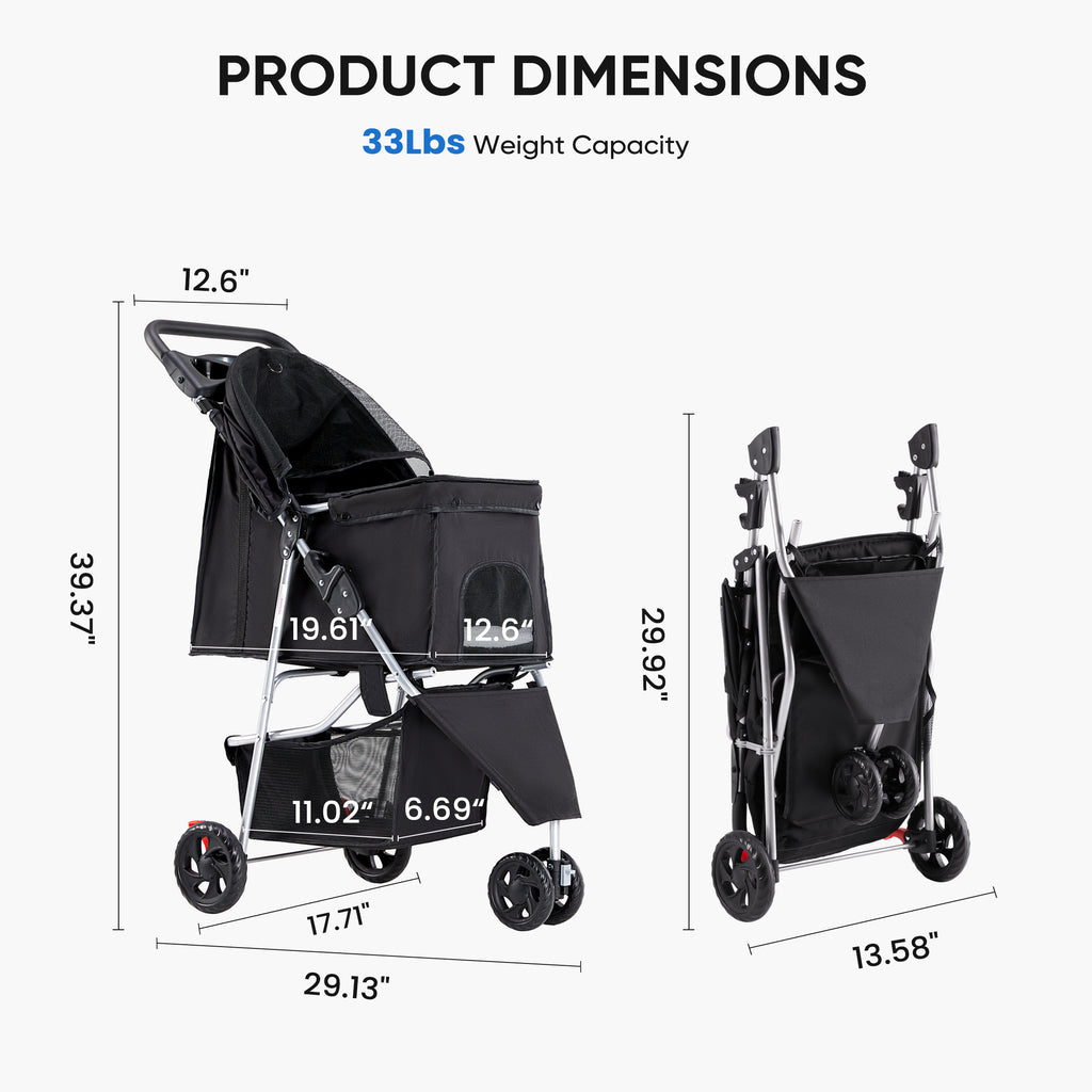 3-Wheel Pet Stroller for Dogs & Cats | Jogging Stroller with Storage