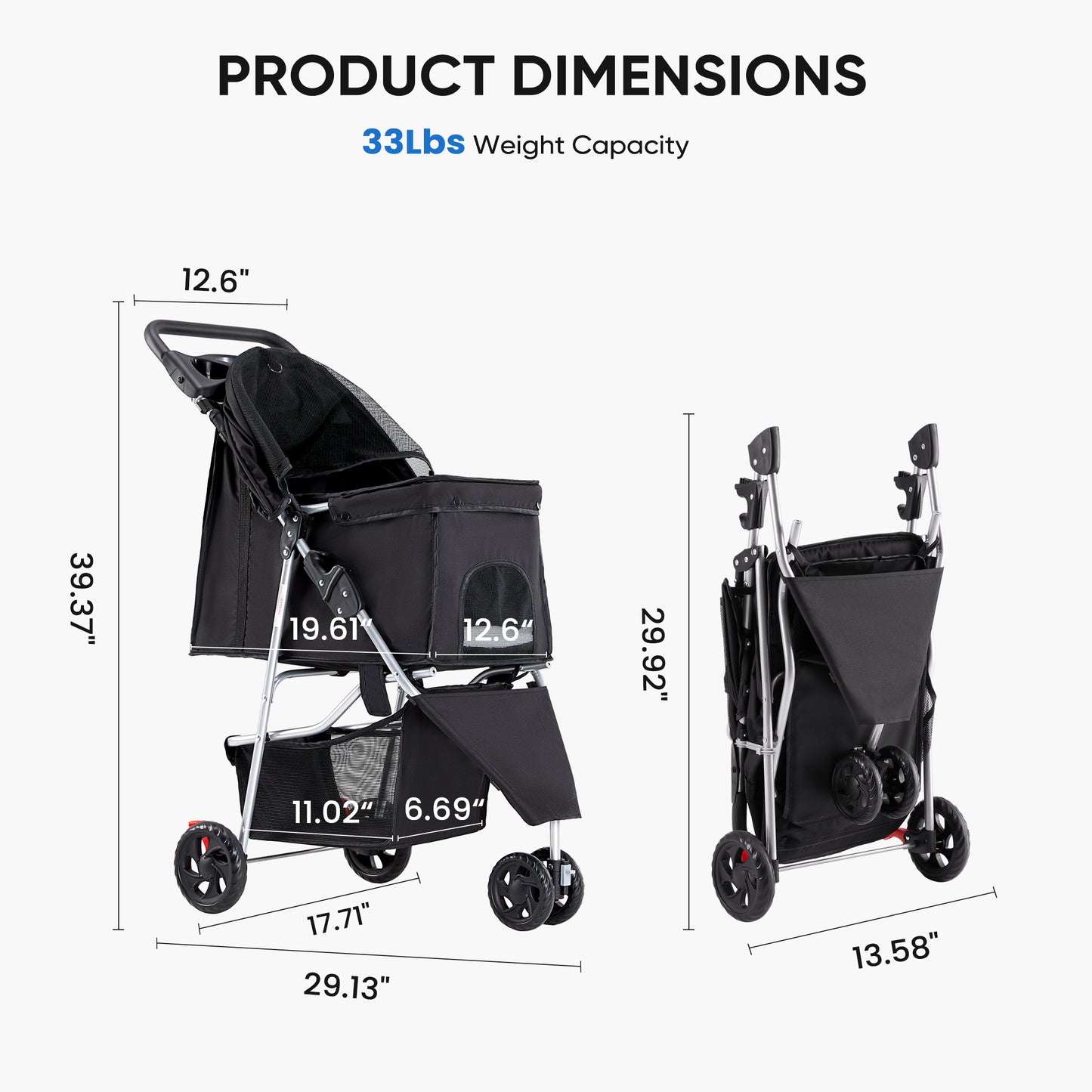 3-Wheel Pet Stroller for Dogs & Cats | Jogging Stroller with Storage