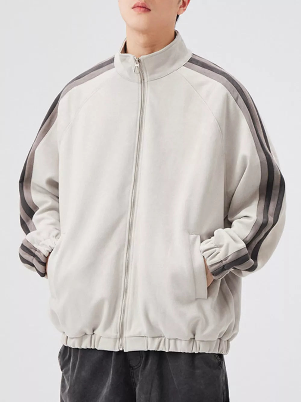 Men's Striped Shoulder Zip-Up Jacket – 95% Polyester, Stretch Fit & Pocketed | Sizes M–2XL