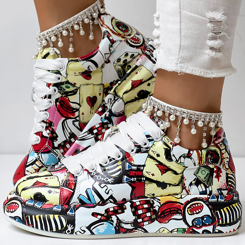 Women's Geometric Print Low-Top Sneakers | Lace-Up Casual Shoes with Thick Rubber Sole