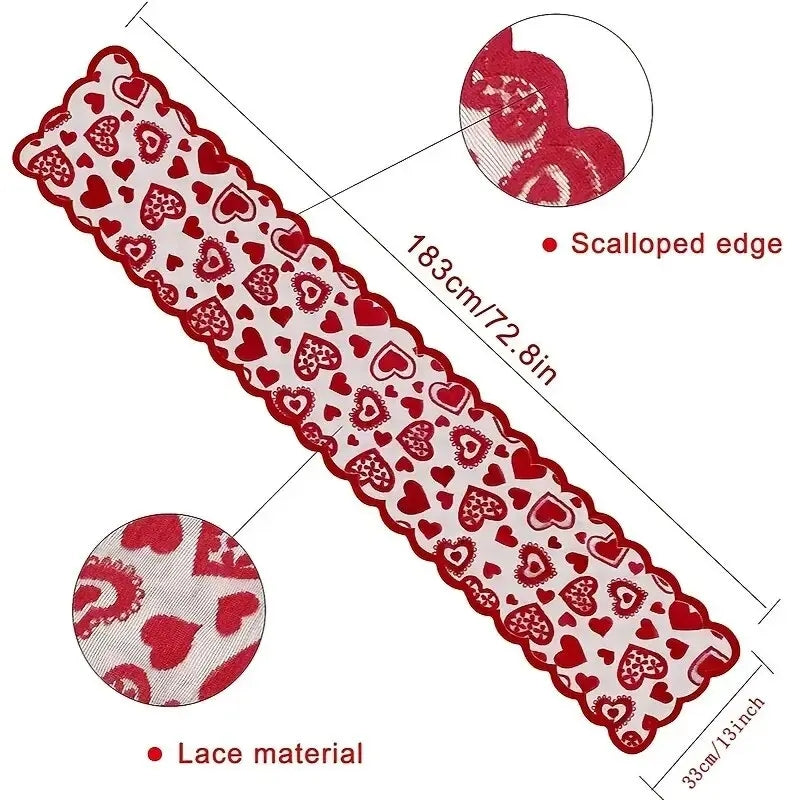 Valentine's Day Lace Table Runner - 13x72 Inch Heart Design for Wedding & Party Decor