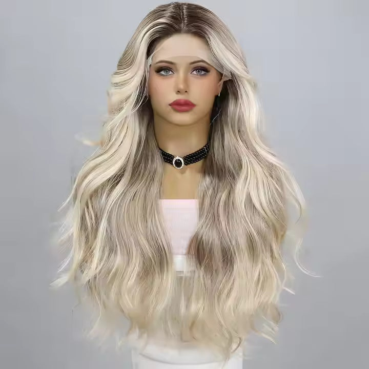 T-Part Lace Front Wig | Wavy Curly Golden Gradient | Heat Resistant Synthetic Fiber | 28 Inches
