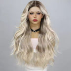 T-Part Lace Front Wig | Wavy Curly Golden Gradient | Heat Resistant Synthetic Fiber | 28 Inches