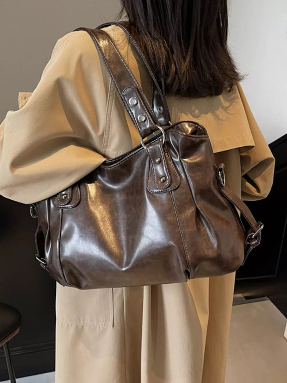 Vintage Style Large Leather Shoulder Handbag