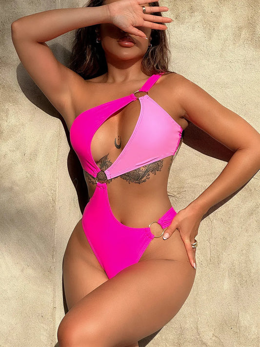 One-Shoulder Cutout Ring-Detail One-Piece Swimsuit