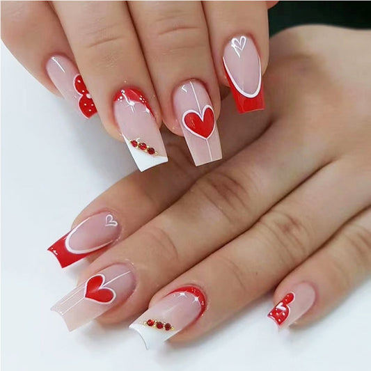 24 PCS Red And White Heart Nail Art, Long Length Long Water Pipe Fake Nails,Square Head Nail Tips False Nail
