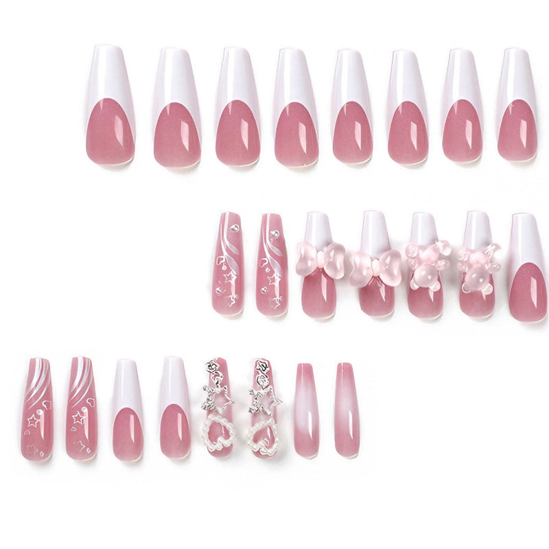 Press-On Nails 24pc | Bear Bow Kawaii Square Tip False Nails