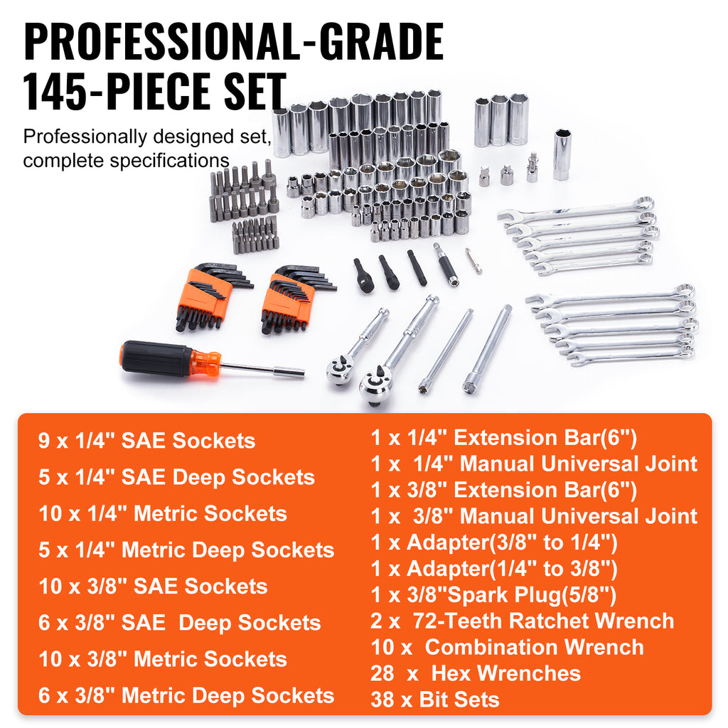 VEVOR 145-Piece Mechanics Tool Set - Professional SAE & Metric Socket Set with Storage Case