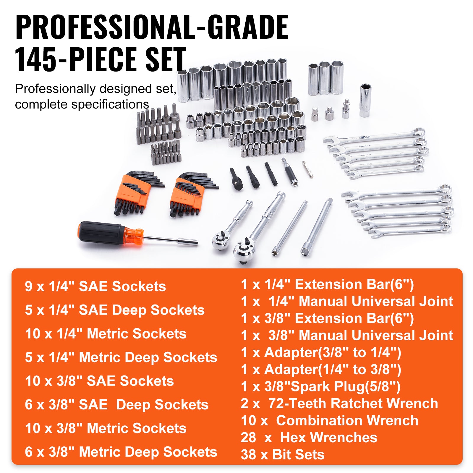 VEVOR 145-Piece Mechanics Tool Set - Professional SAE & Metric Socket Set with Storage Case