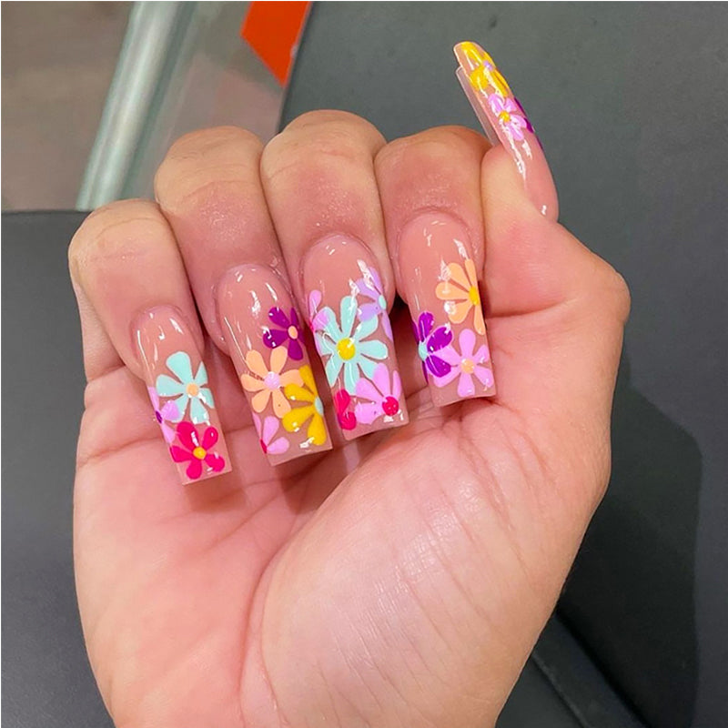 Press On Nails – Long Square Floral Design | 24pc Salon-Quality Set with Glue & Adhesive