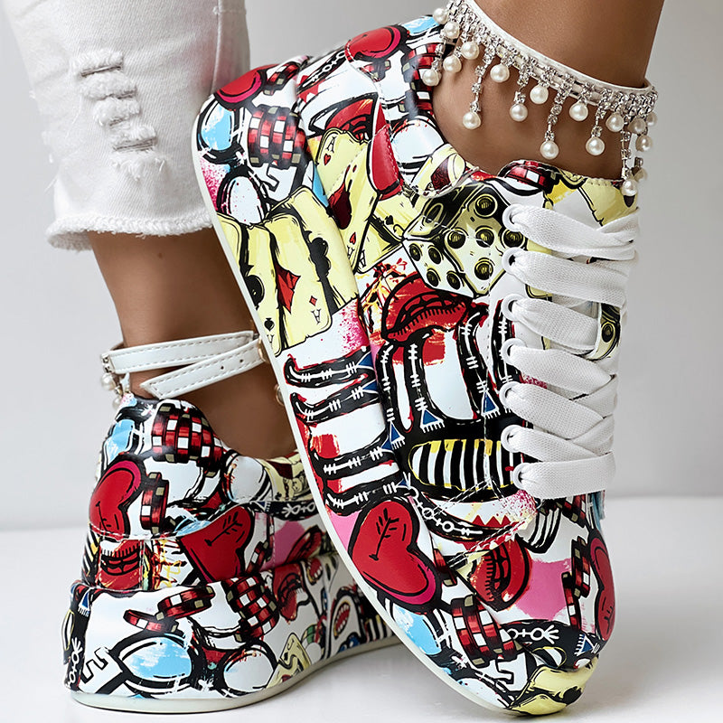 Women's Geometric Print Low-Top Sneakers | Lace-Up Casual Shoes with Thick Rubber Sole