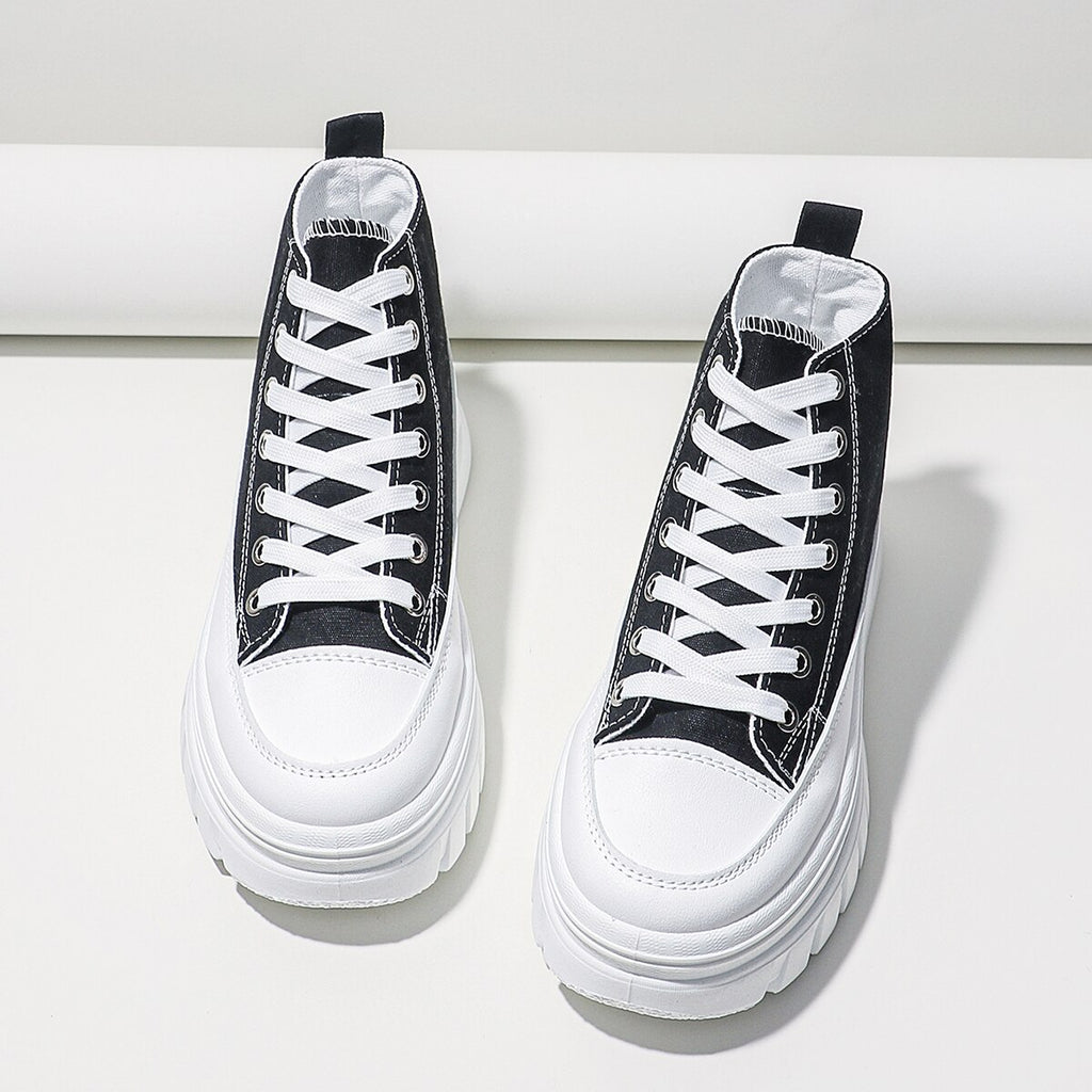 Women's High-Top Flatform Canvas Sneakers | Lace-Up T-Strap Shoes in Black