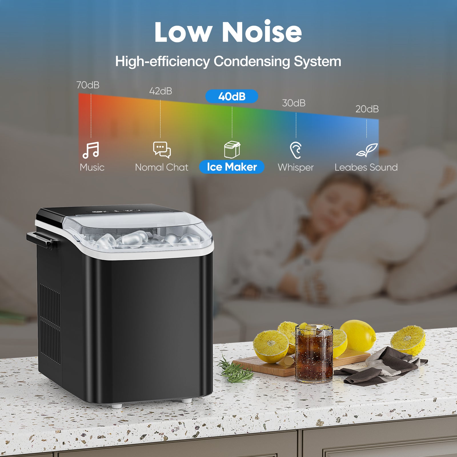 Portable Countertop Ice Maker Machine - 26 lbs Daily, 2 Ice Sizes, Self-Cleaning - Black/Green