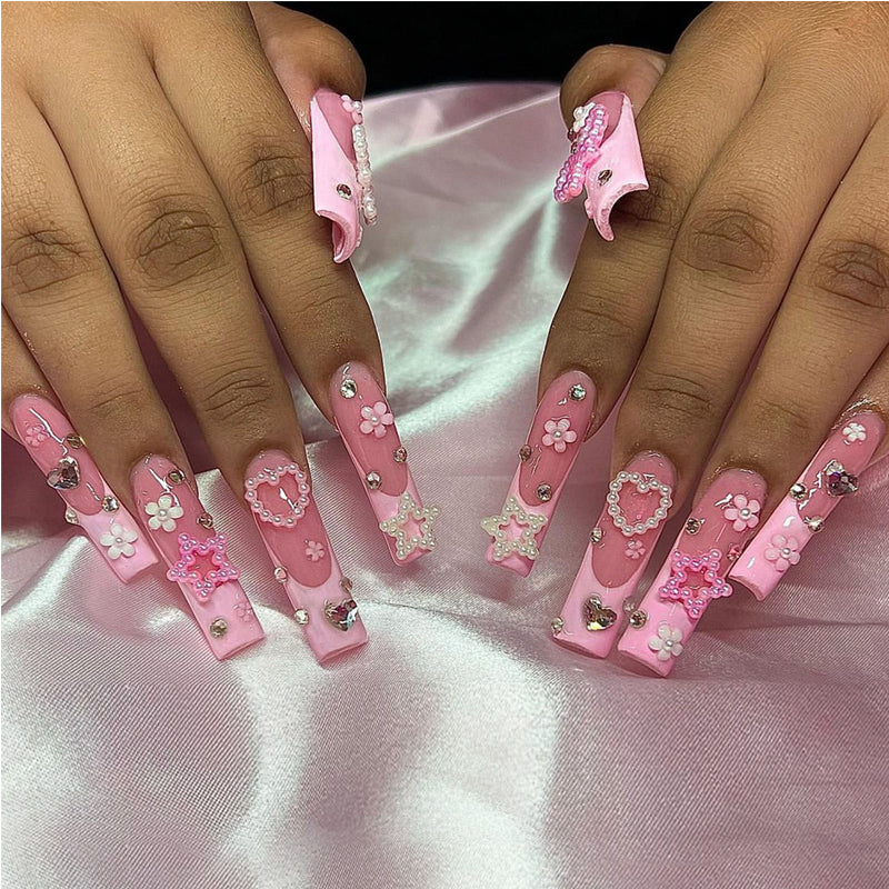 24 PCS Pearl Love Star Press-On Nails | Long Square Fake Nail Tips