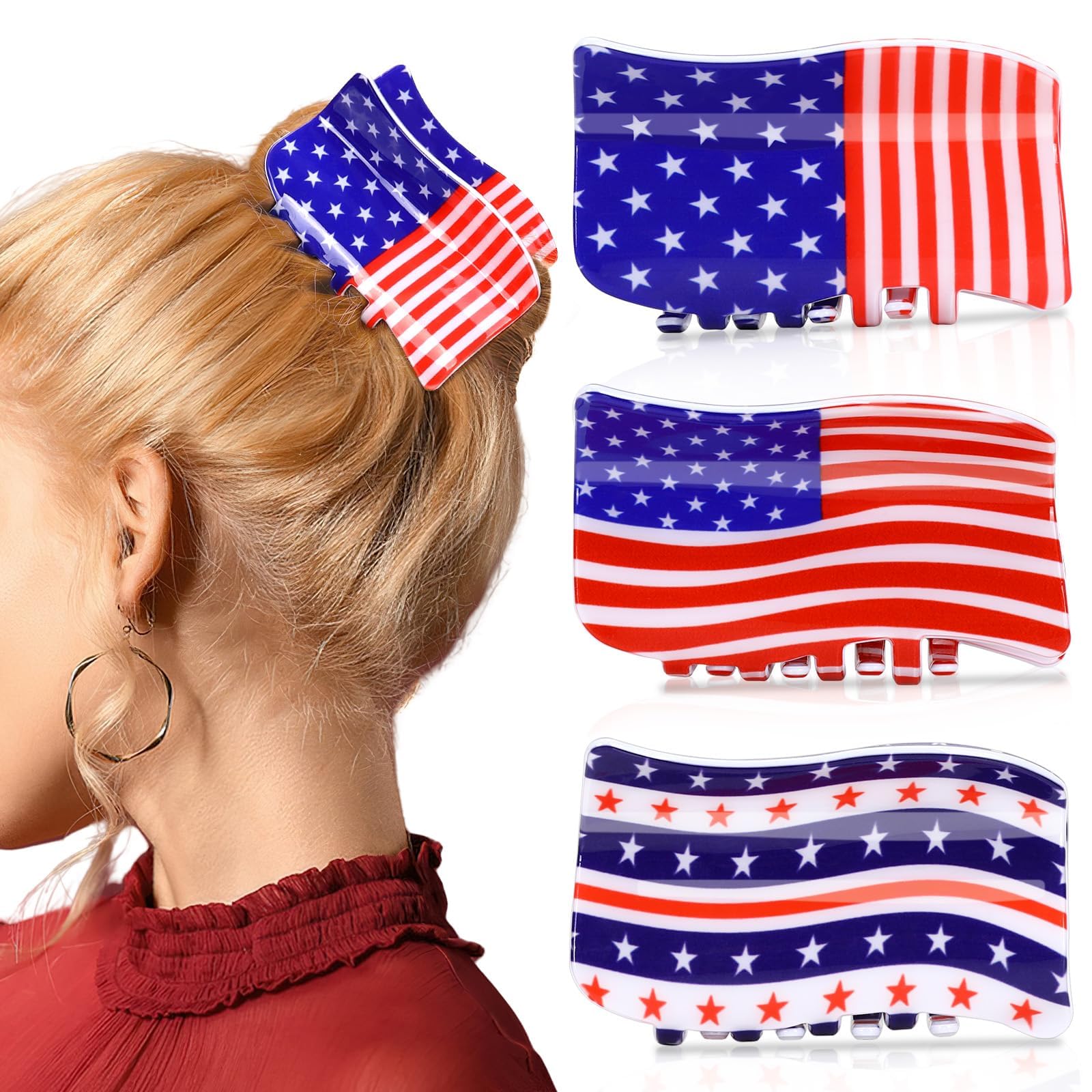 Patriotic Claw Clips Set of 3 – Bold Red White & Blue American Flag Hair Clips for 4th of July & Patriotic Events