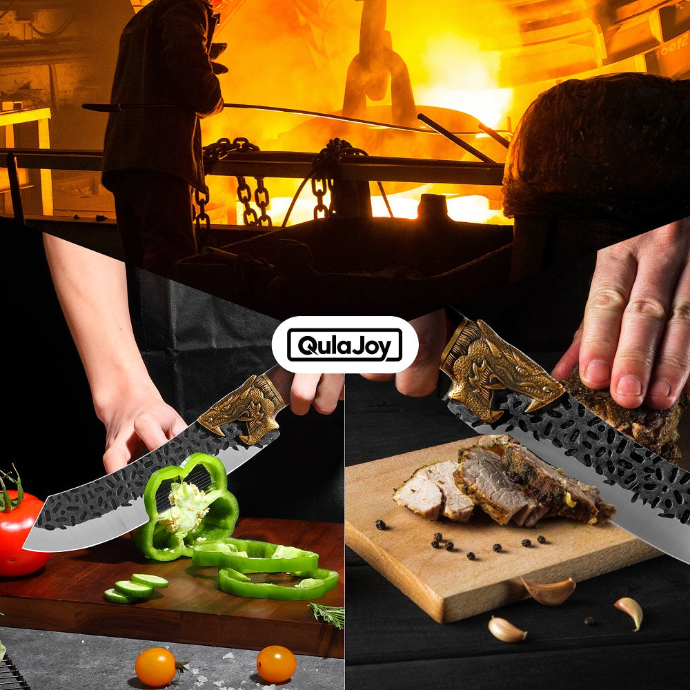 Hand Forged Boning Knife with Dragon Handle - 7Cr17MOV Carbon Steel Blade with Leather Sheath for Hunting, Camping & Filleting