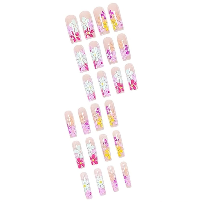 Press On Nails – Long Square Floral Design | 24pc Salon-Quality Set with Glue & Adhesive