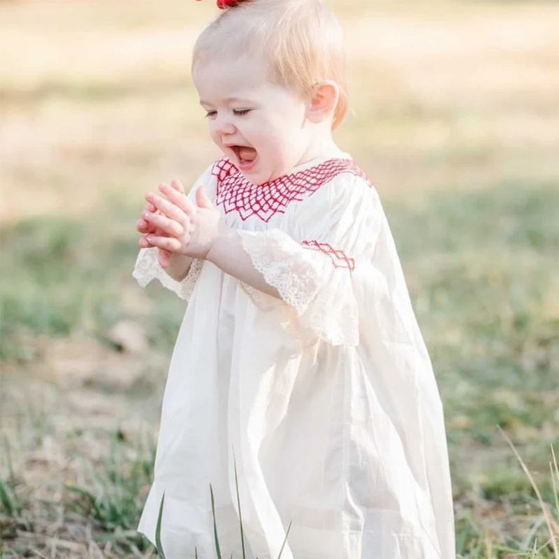 Baby Girl Valentine's Day Dress | White Lace & Red Heart Embroidery