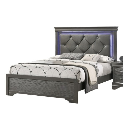 Queen Bed Frame with LED Tufted Headboard - Modern Gray Faux Leather Platform Bed