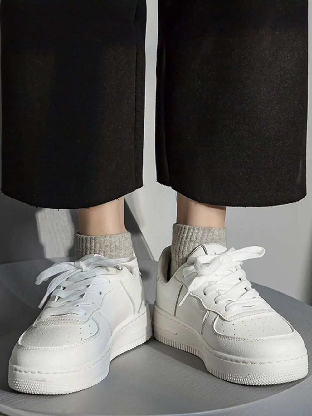 Women's Lace-Up Round Toe Platform Shoes | PU Leather Flat Platform Casual Shoes