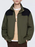 Men's Plus Size Two-Tone Windproof Jacket – 100% Polyester, Color-Block & Pocketed