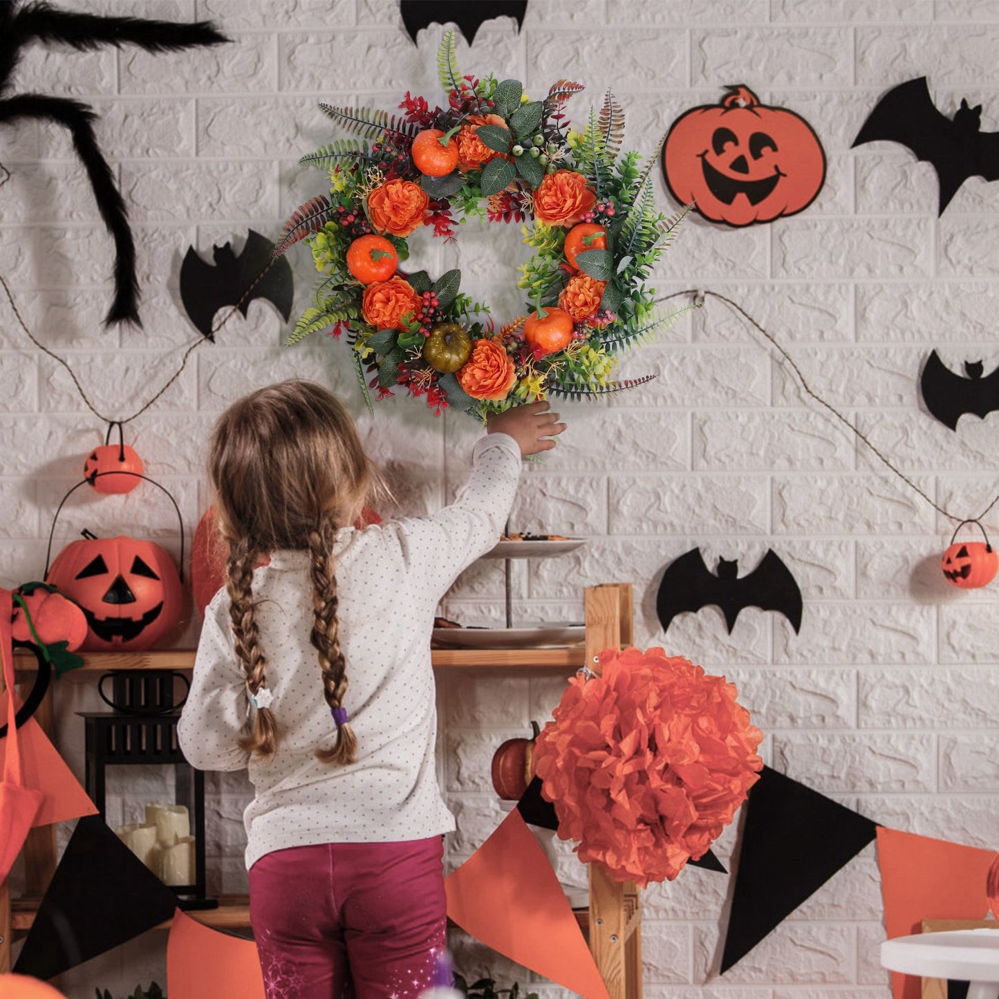 17.7" Fall Wreath for Front Door - Autumn Pumpkin & Berry Harvest Decoration