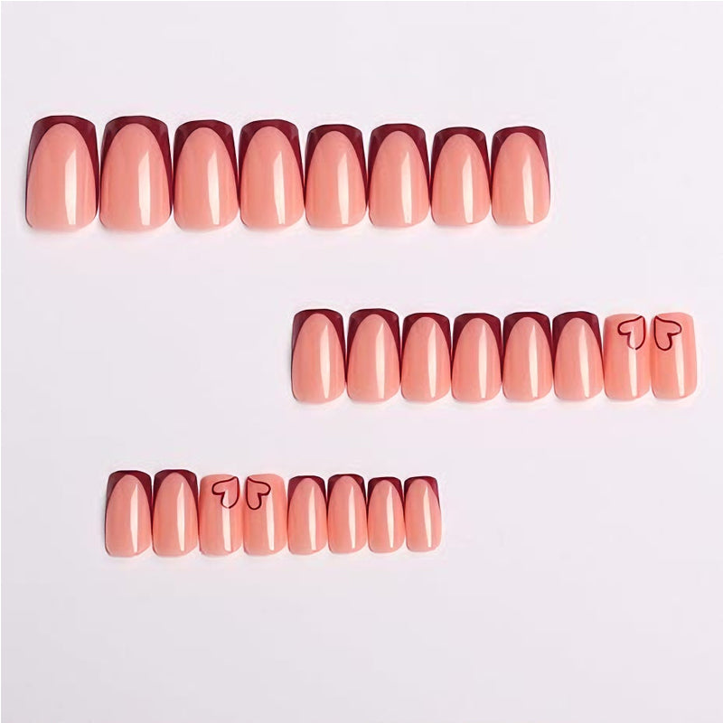 24 PCS Valentine's Day Press On Nails – French Tip Wine Red Heart False Nail Set