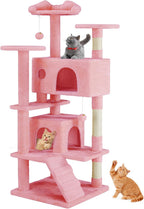 54" Multi-Level Cat Tree Tower | Sisal Scratching Posts, 2 Condos, Hanging Toy – Light Grey & Pink