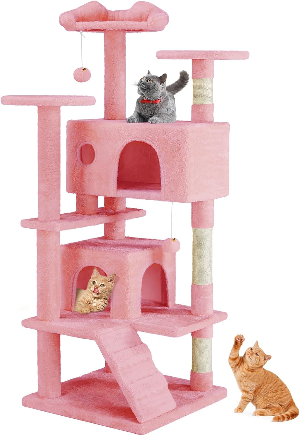 54" Multi-Level Cat Tree Tower | Sisal Scratching Posts, 2 Condos, Hanging Toy – Light Grey & Pink
